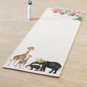 Cute Elephant & Giraffe Floral Custom Name  Yoga Mat