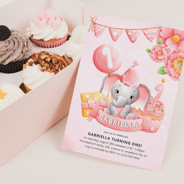 Cute Elephant Girl 1st Birthday Party Invitation (Creator Uploaded)