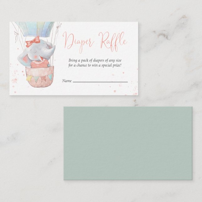 Cute Elephant Girl Baby Shower Diaper Raffle Card (Front/Back)