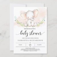 Cute Elephant Girl Baby shower Invitation Blush