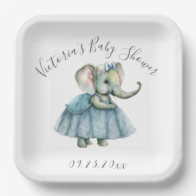 Cute Elephant Girl Baby Shower Paper Plates (Front)