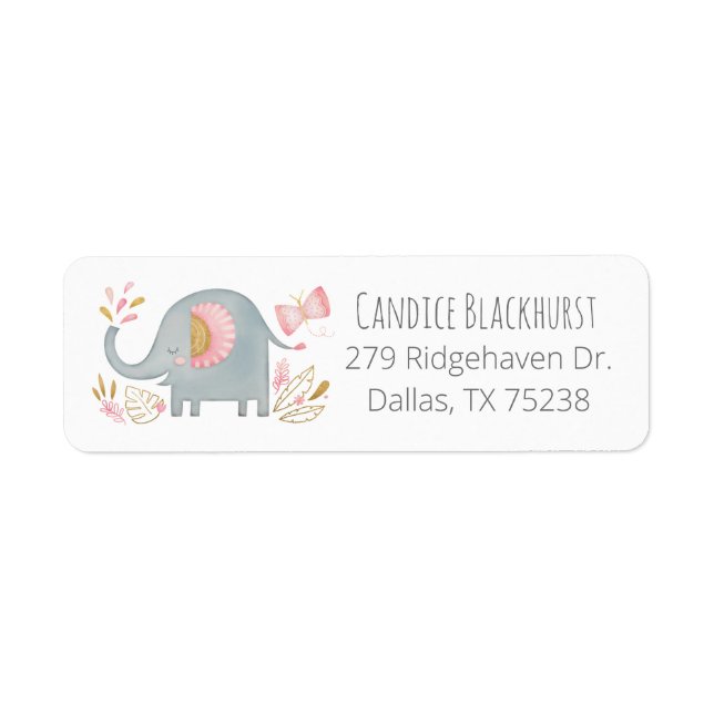 Cute Elephant Girl Baby Shower Return Address (Front)