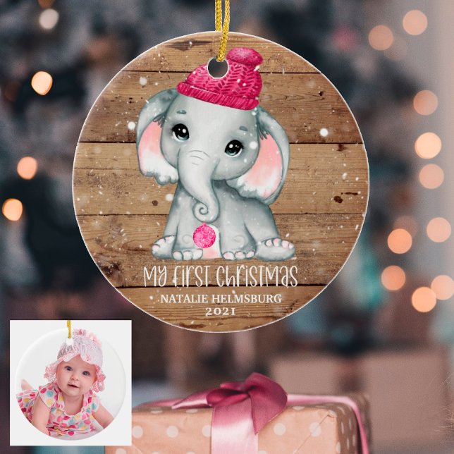 Cute Elephant Girl Baby's FIRST CHRISTMAS Rustic Ceramic Ornament (Creator Uploaded)