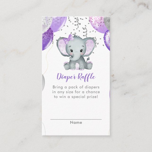Cute Elephant Girl Balloons Baby Diaper Raffle Enclosure Card (Front)