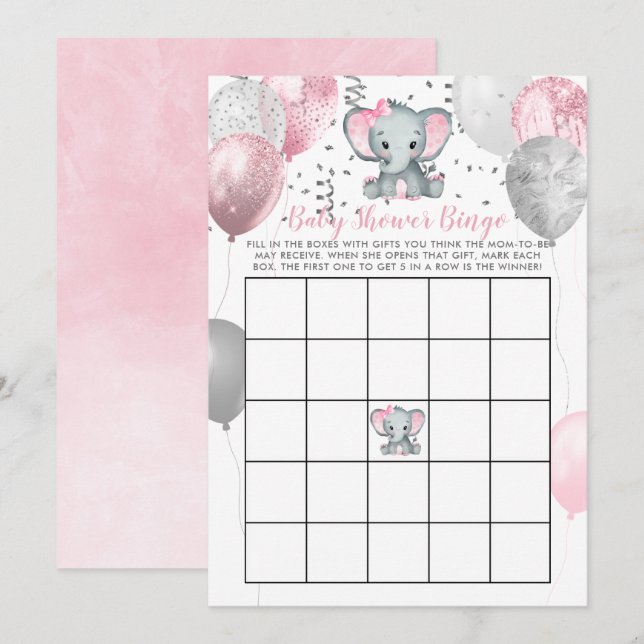 Cute Elephant Girl Balloons Baby Shower Bingo Card (Front/Back)