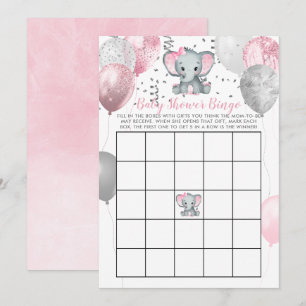 Cute Elephant Girl Balloons Baby Shower Bingo Card