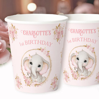 Cute Elephant Girl Pink Floral Roses 1st Birthday Paper Cups
