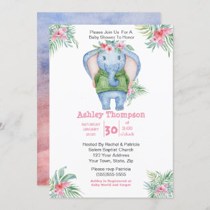 Cute Elephant Girls Baby Shower Invitation