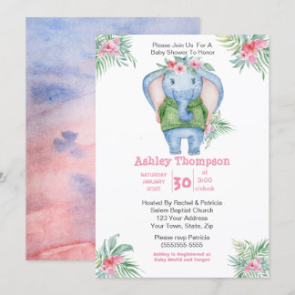 Cute Elephant  Girls Baby Shower Invitation