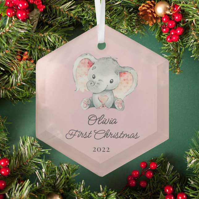 Cute Elephant Girls First Christmas Glass Ornament (Creator Uploaded)