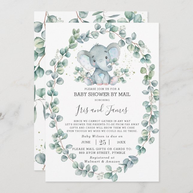 Cute Elephant Greenery Baby Shower by Mail Boy Invitation (Front/Back)