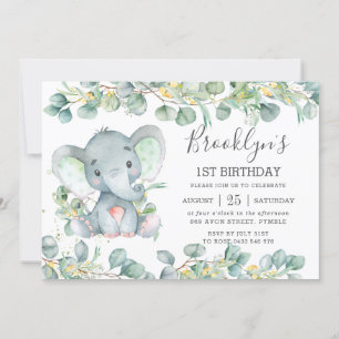 Cute Elephant Greenery Eucalyptus Birthday Invitation