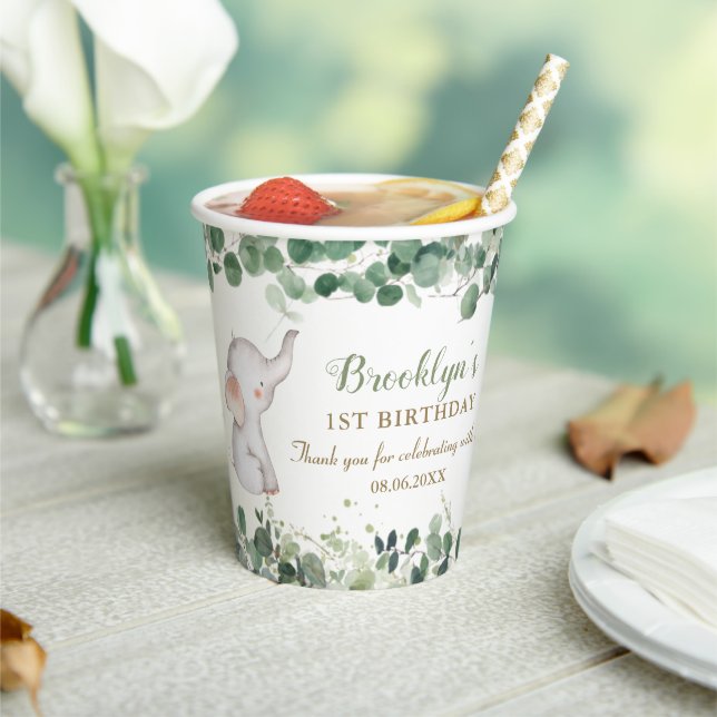 Cute Elephant Greenery Gender Neutral 1st Birthday Paper Cups (Insitu)