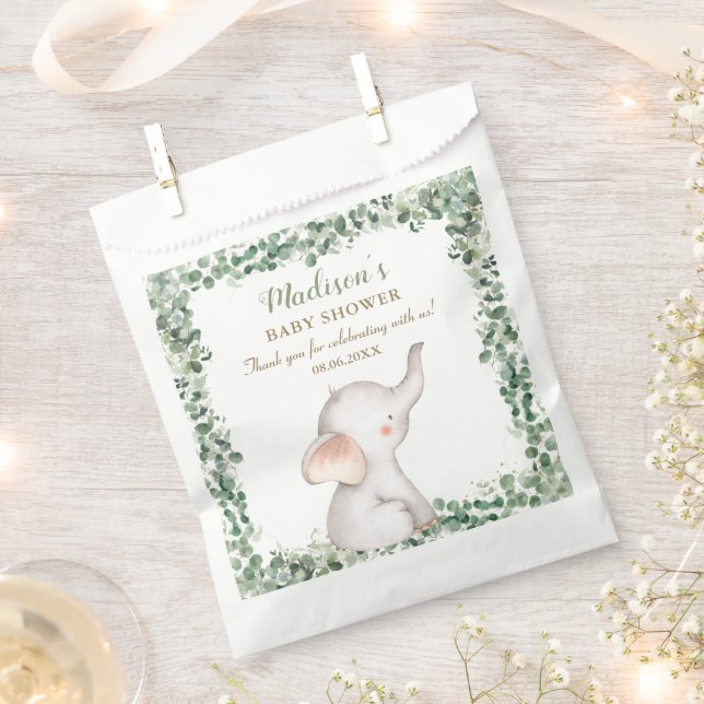 Cute Elephant Greenery Gender Neutral Baby Shower Favour Bag (Clipped)