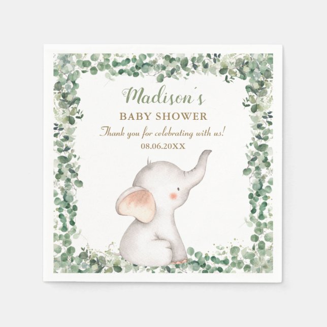 Cute Elephant Greenery Gender Neutral Baby Shower Napkin (Front)