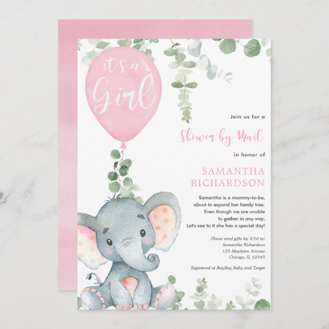 Cute elephant greenery girl shower by mail invitation (Front/Back)