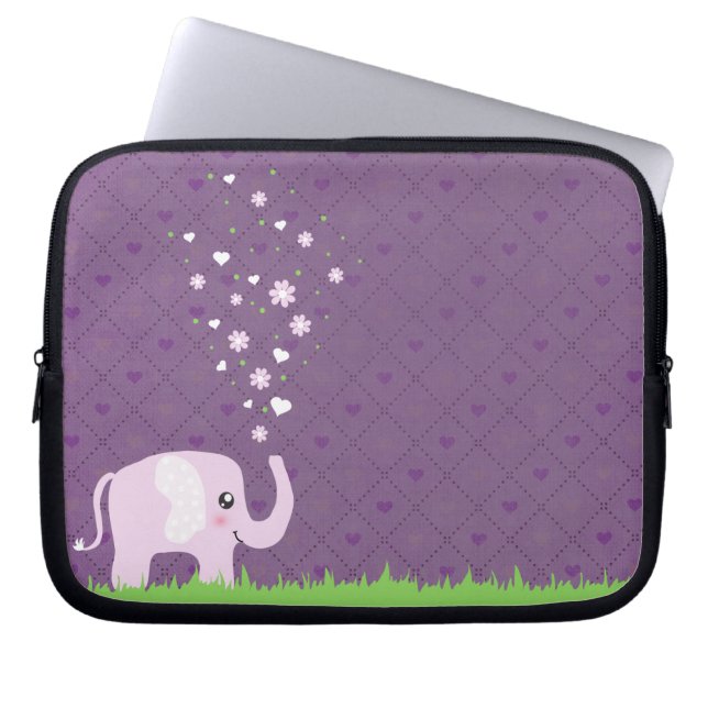 Cute elephant in girly pink & purple laptop sleeve (Front)