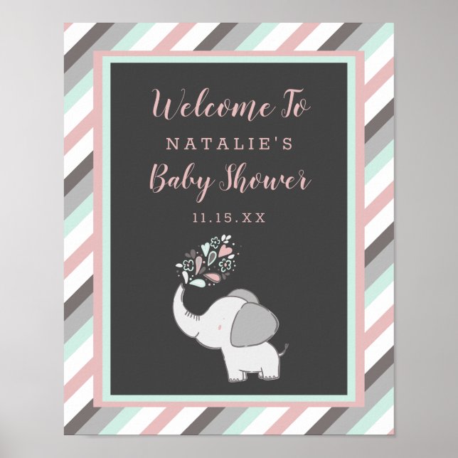 Cute Elephant in Pink & Mint Baby Shower Welcome Poster (Front)
