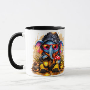 Cute Elephant in Raincoat with Lantern Cartoon Cof Mug