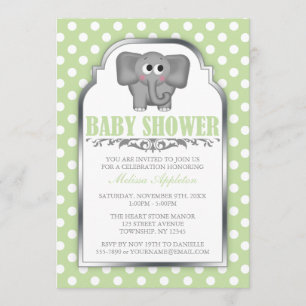 Cute Elephant Light Green Polka Dot Baby Shower Invitation