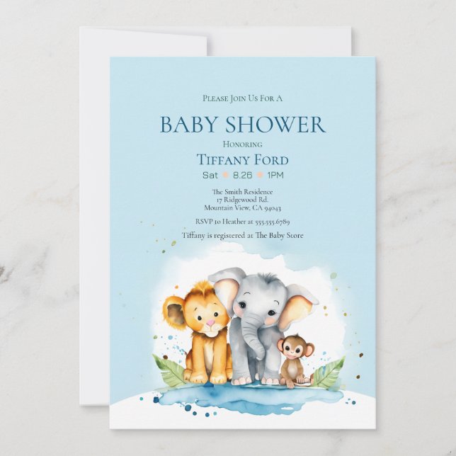Cute Elephant, Lion, and Monkey Jungle Baby Shower Invitation (Front)