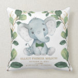 Cute Elephant Little Man Greenery Gold Birth Stats Throw Pillow<br><div class="desc">This elegant design features illustration of an adorable baby elephant and modern watercolor greenery in soft green & gold. Use the template fields to add your details. If you want to change the font style,  color or text placement,  simply click the "Customize Further" button.</div>