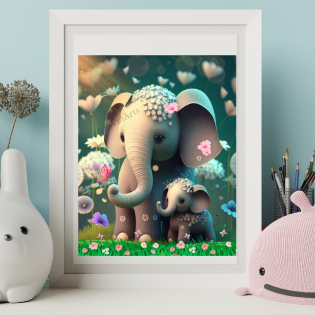 Cute Elephant Mom and Baby Garden of Flowers Art Poster (Creator Uploaded)