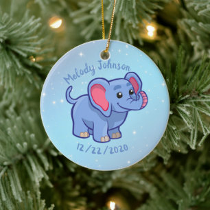 Cute Elephant Monogram Name & B Day Ceramic Ornament