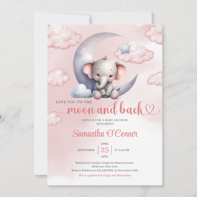 Cute elephant moon and back girl Baby Shower Invitation (Front)