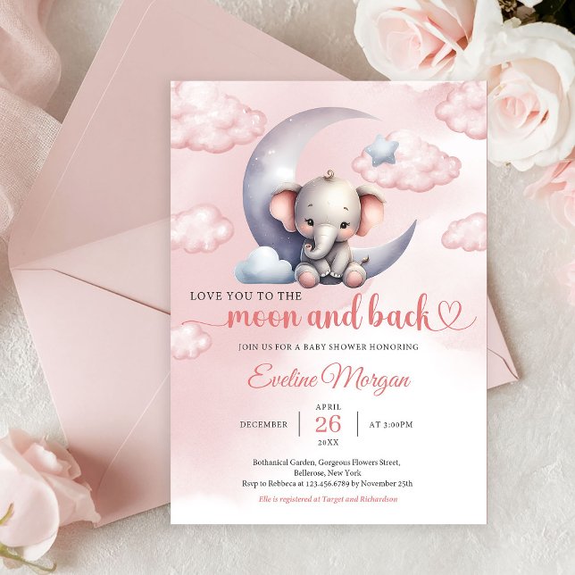 Cute elephant moon and back girl Baby Shower Invitation (Editable PDF Love to the Moon and Back Elephant Girl Baby Shower Invitation Printable Template)