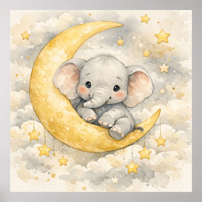 Cute Elephant Moon Nursery Art Poster (Front)