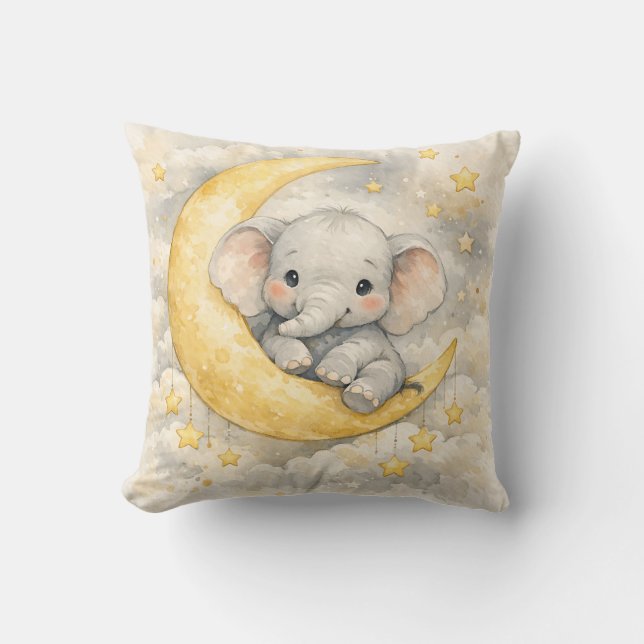 Cute Elephant Moon Nursery Art Throw Pillow (Front)