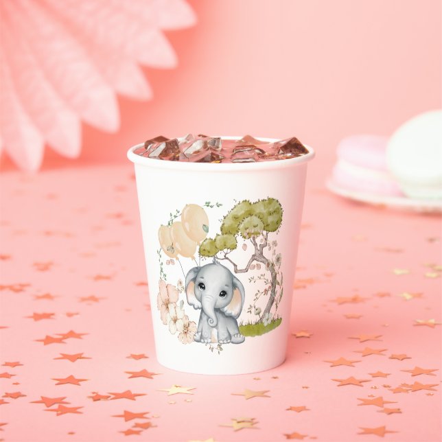 Cute Elephant Name Date Script Baby Shower Paper Cups (Insitu)