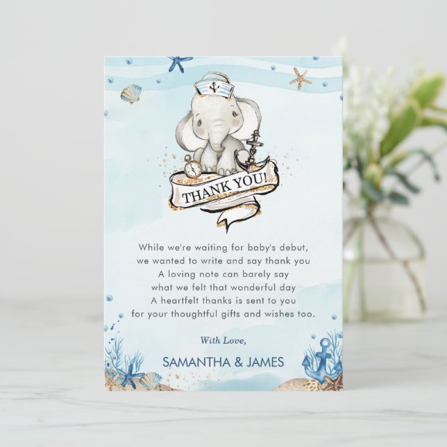 Cute Elephant Nautical Baby Boy Shower  Thank You Card (Standing Front)