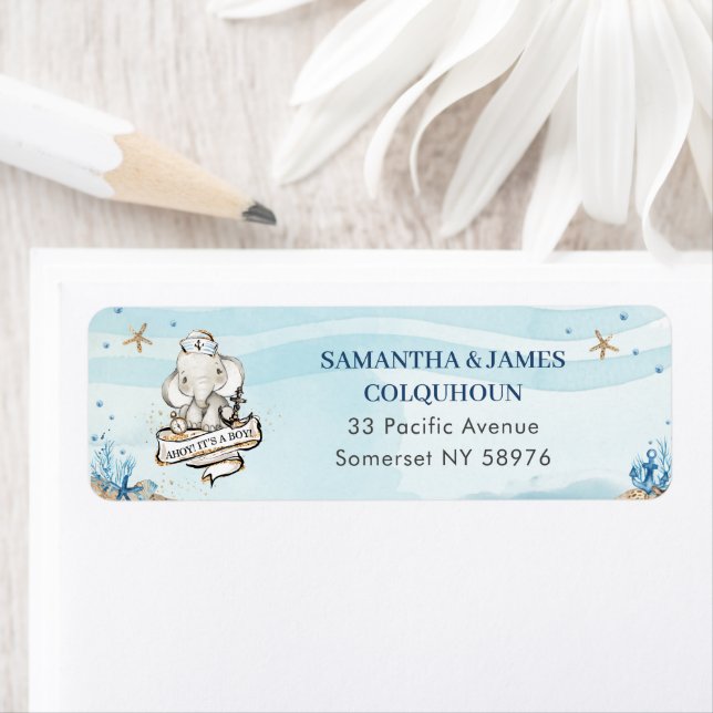 Cute Elephant Nautical Baby Shower Return Address  (Insitu)