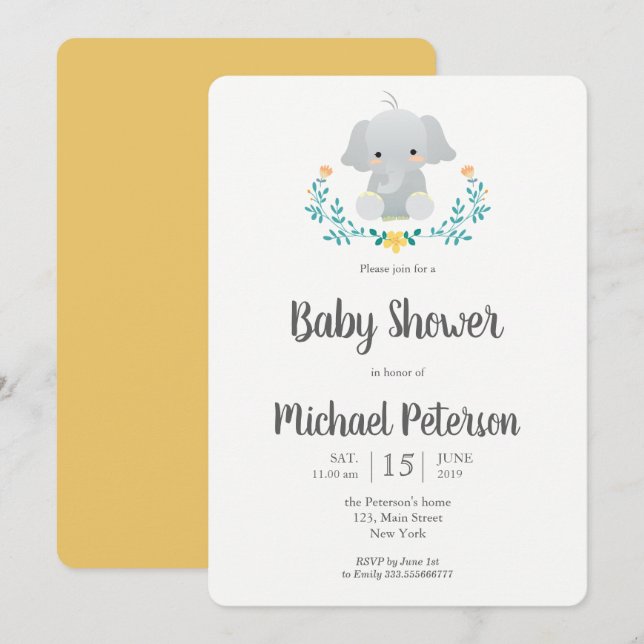 Cute elephant neutral baby shower invitation (Front/Back)