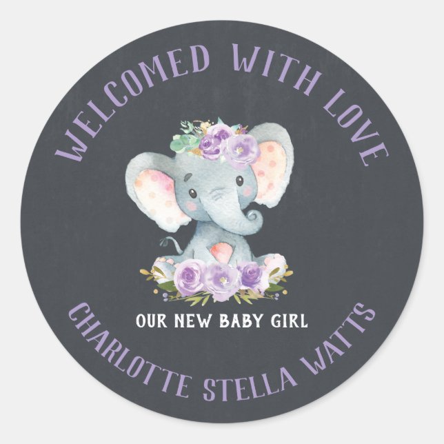 Cute Elephant New Baby Girl Announcement Favour Classic Round Sticker (Front)