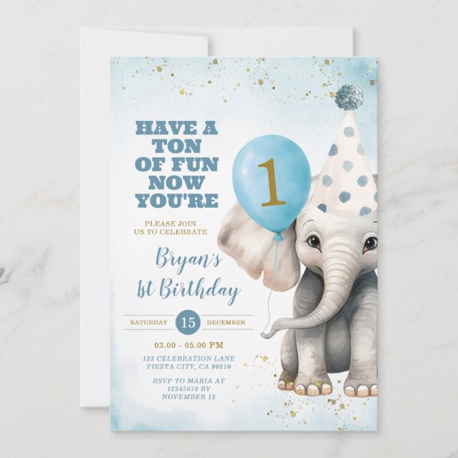 Cute Elephant Now Your One Birthday Balloon Party Invitation (Front)