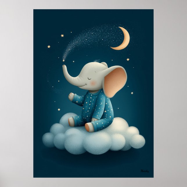 Cute Elephant on Cloud Nursery Bedtime Poster (Front)