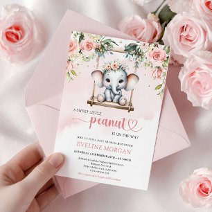 Cute elephant on swing blush roses greenery invitation