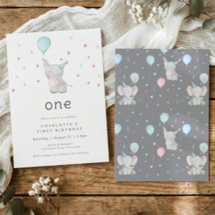 Cute Elephant One 1st Birthday Party Invitation