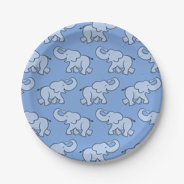 Cute Elephant Pattern Blue Baby Shower Paper Plate (Front)