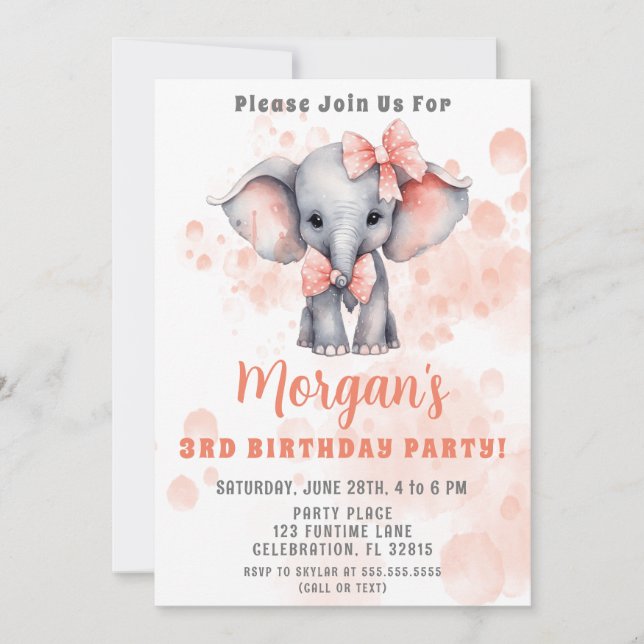 Cute Elephant Peach Birthday Party Invitation (Front)
