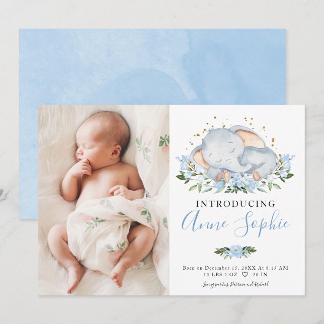 Cute Elephant Photo Birth Announcement Cards (Front/Back)