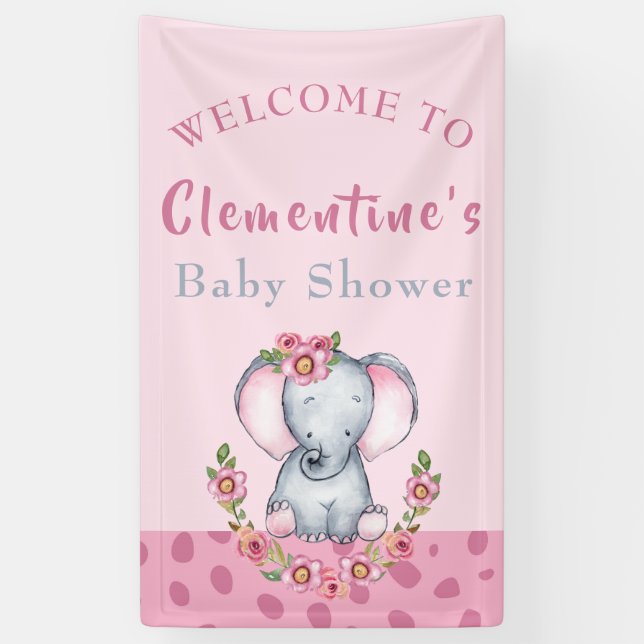 Cute Elephant Pink Animal Baby Shower Welcome Banner (Vertical)