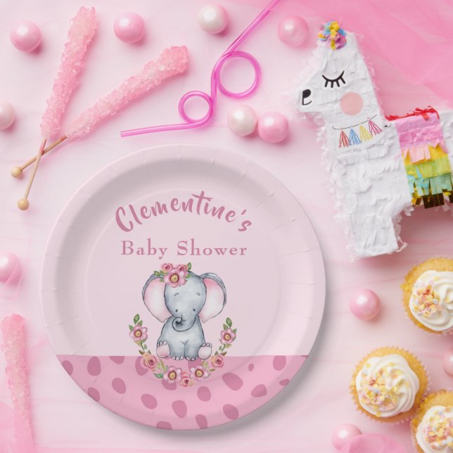 Cute Elephant Pink Animal Print Baby Shower Paper Plate (Party)