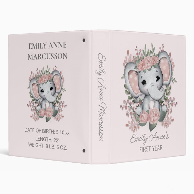 Cute Elephant Pink Baby Girl First Year Memory Binder (Background)