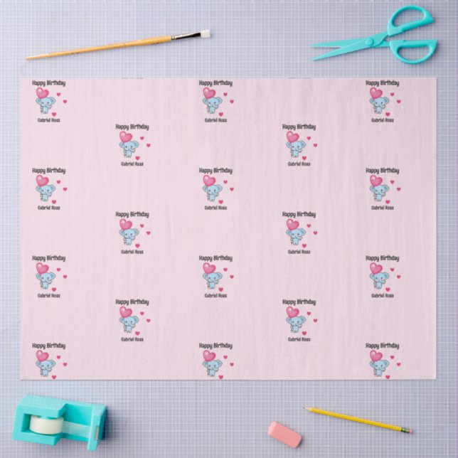 Cute elephant pink birthday tissue paper (Craft)