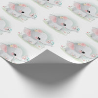 Cute Elephant Pink Blue Watercolor Wrapping Paper