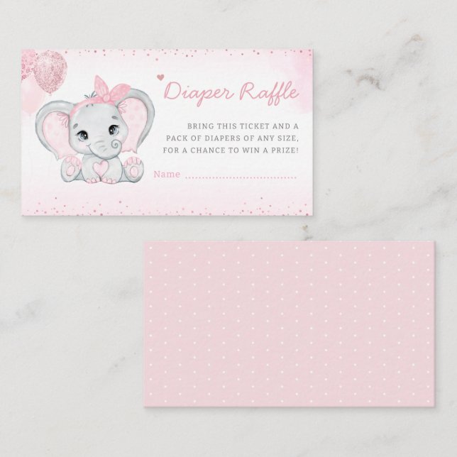 Cute Elephant Pink Diaper Raffle Baby Girl Shower Enclosure Card (Front/Back)
